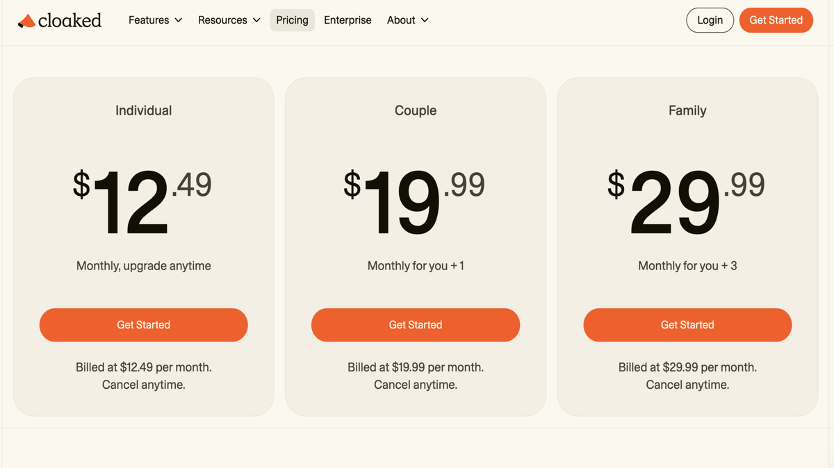 Cloakedrsquo;s pricing plans
