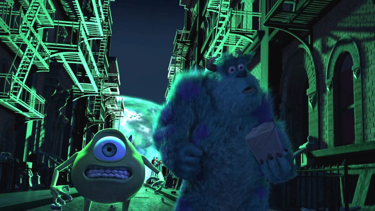 Mike and Sully run away scared from an explosion in Monsters, Inc.