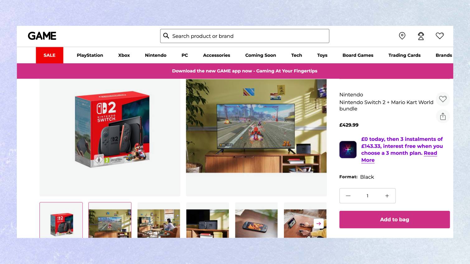 Screenshot of Nintendo Switch 2 listing page at GAME on colored background