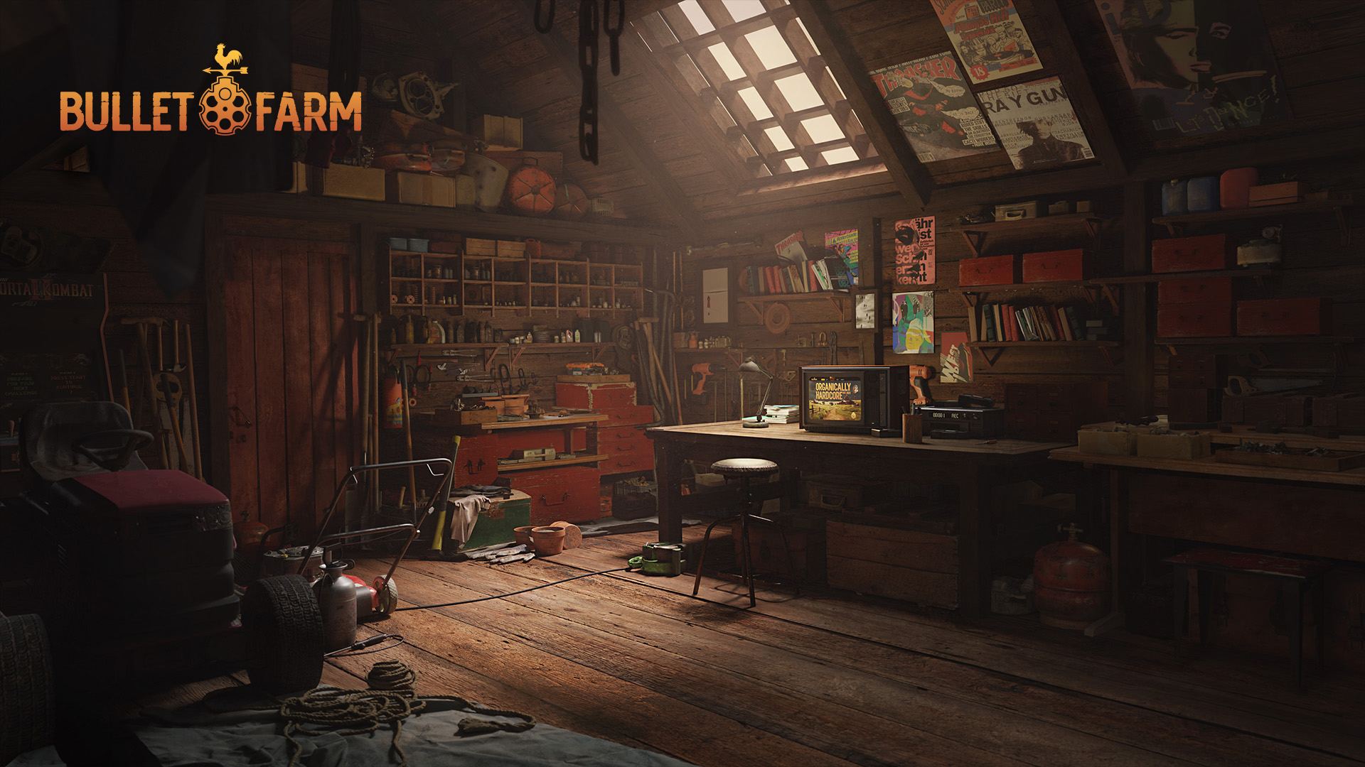 BulletFarm promo image - a rustic workshop with an old TV on a workbench