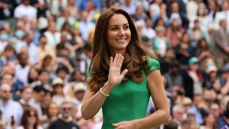 london, england july 10 hrh catherine, the duchess of cambridge waves to the crowd after the ladies singles final match between ashleigh barty of australia and karolina pliskova of the czech republic on day twelve of the championships wimbledon 2021 at all england lawn tennis and croquet club on july 10, 2021 in london, england photo by clive brunskillgetty images