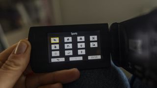 The scene modes on the LCD screen of the Panasonic HC-V180