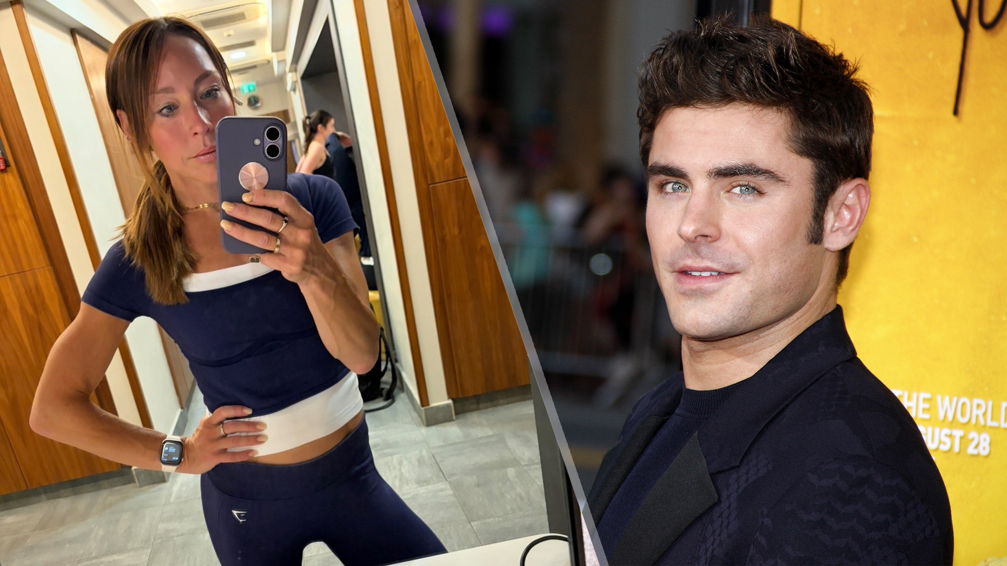 Right, Zac Efron at press event. Left, Lucy Miller