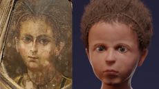 The young boy's "mummy portrait" next to the newly created 3D facial reconstruction.