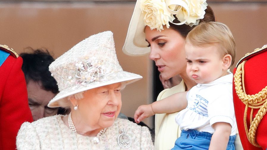 london, united kingdom june 08 embargoed for publication in uk newspapers until 24 hours after create date and time queen elizabeth ii, catherine, duchess of cambridge and prince louis of cambridge watch a flypast from the balcony of buckingham palace during trooping the colour, the queens annual birthday parade, on june 8, 2019 in london, england the annual ceremony involving over 1400 guardsmen and cavalry, is believed to have first been performed during the reign of king charles ii the parade marks the official birthday of the sovereign, although the queens actual birthday is on april 21st photo by max mumbyindigogetty images