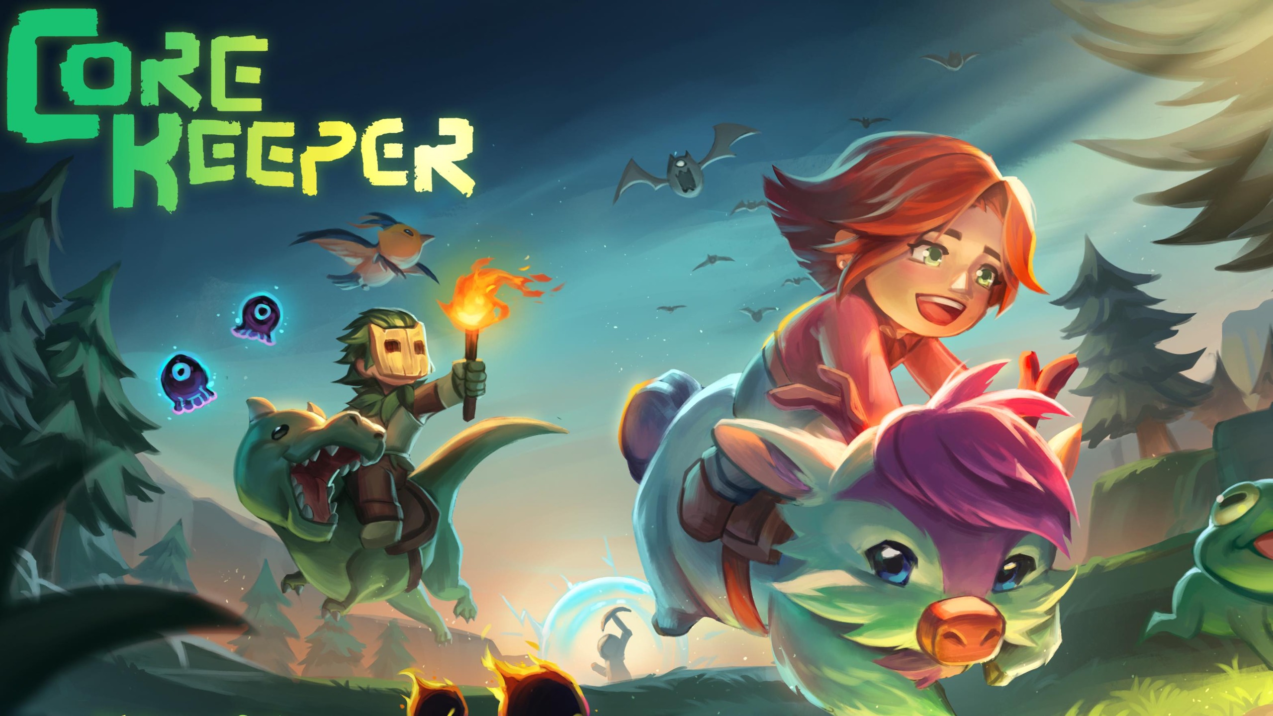 Cheerful people ride monsters. The Core Keeper logo is shown.