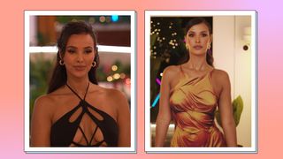 Maya Jama Love Island outfits: Maya pictured wearing a black cut out dress alongside another picture of her wearing gold, body print dress/ in a pink and orange template