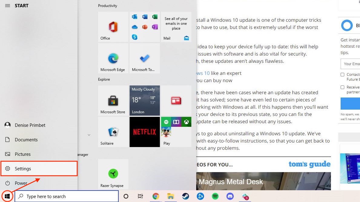 снимок экрана открытого меню Пуск Windows 10