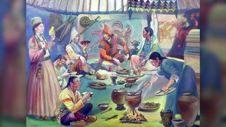 Artist reconstruction of life among the Xiongnu imperial elite by Galmandakh Amarsanaa. Shows people in colorful clothing in what appears to be a large cloth tent. One woman is cooking something in a pot over a fire while others sit nearby in a circle eating