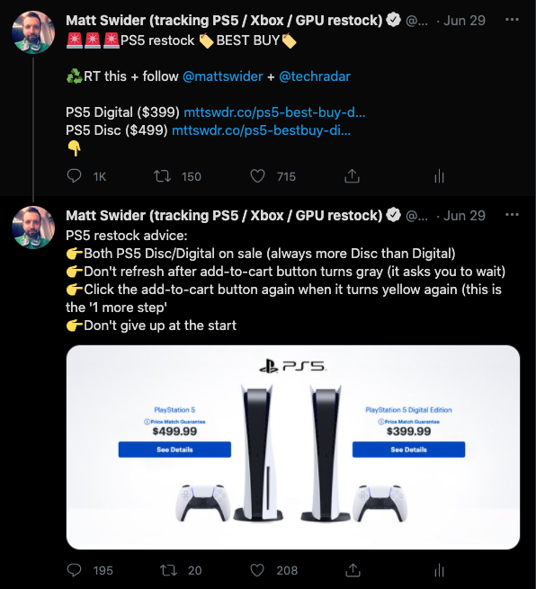 PS5 restock tweet by Matt Swider