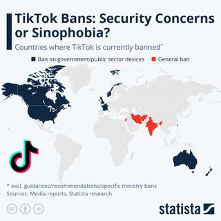 Statista world map chart showing the countries where TikTok is currently banned