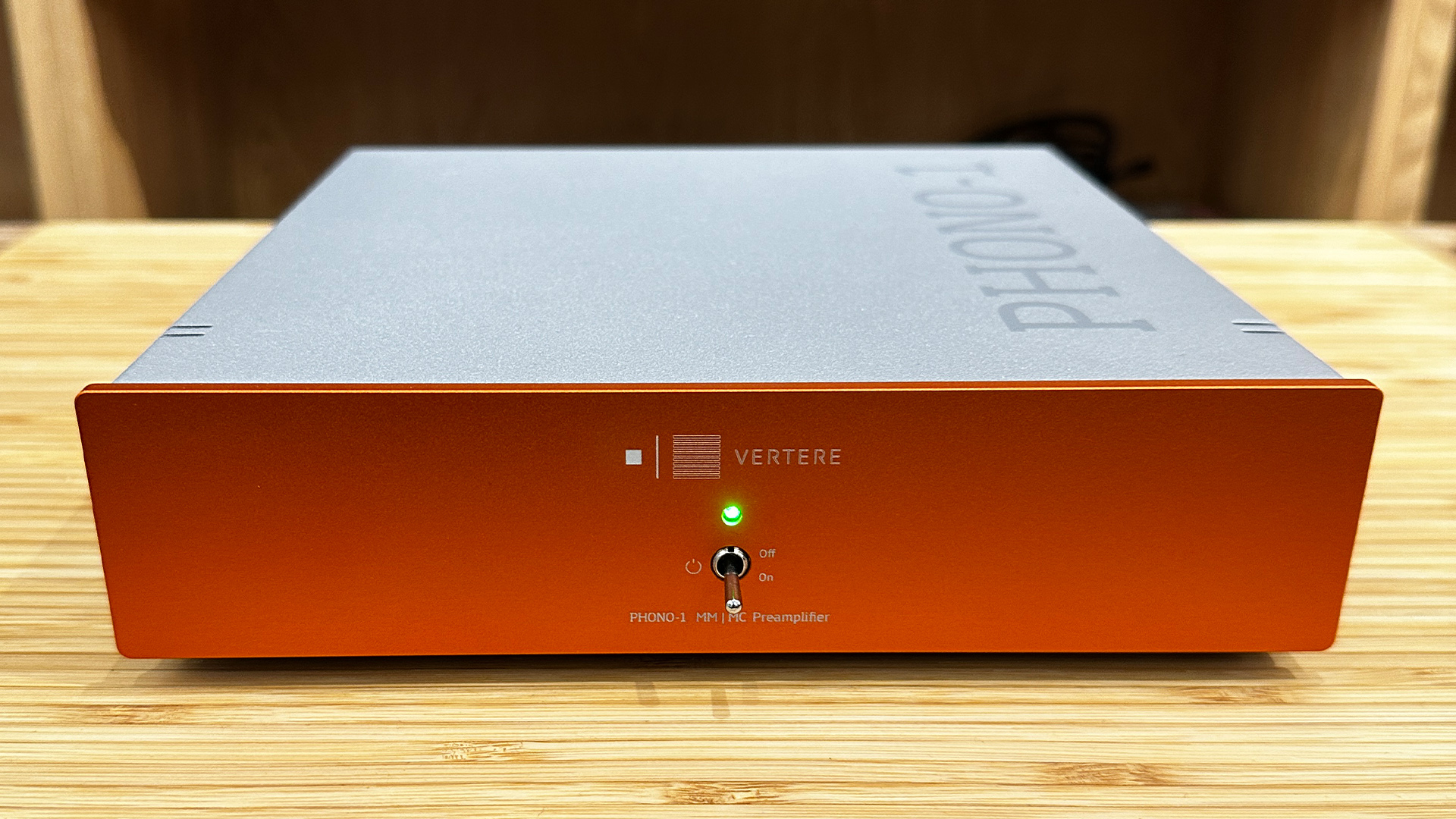 Vertere Phono-1 LX phono stage on wooden hi-fi rack