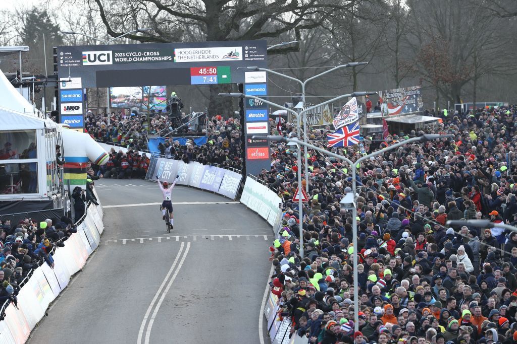 Dutch Shirin van Anrooij celebrates after winning the Women U23 race at the UCI Cyclocross World Championships in Hoogerheide The Netherlands on Sunday 05 February 2023BELGA PHOTO DAVID PINTENS Photo by DAVID PINTENS BELGA MAG Belga via AFP Photo by DAVID PINTENSBELGA MAGAFP via Getty Images