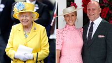 A composite of Queen Elizabeth at Royal Ascot in 2018 and a picture of Zara and Mike Tindall in 2026