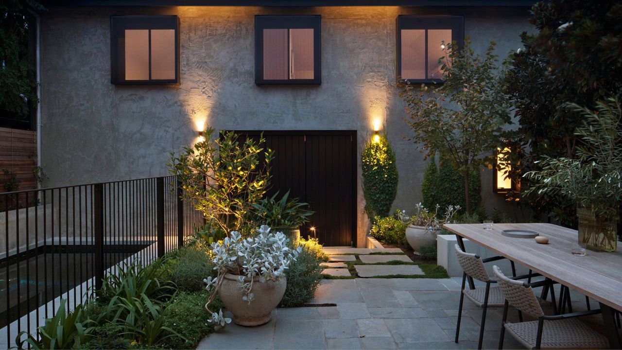 A cozy backyard with plants and dim lighting 