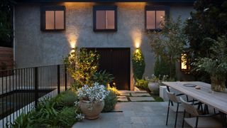 A cozy backyard with plants and dim lighting