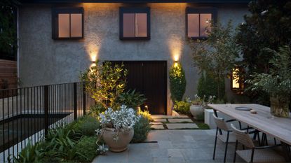 A cozy backyard with plants and dim lighting 