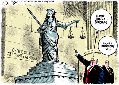 Political Cartoon U.S. Donald Trump travel ban burka
