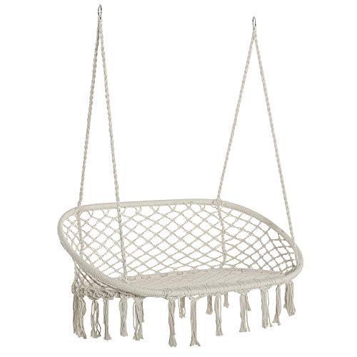 Outsunny 2-Seater Hanging Hammock Chair, Cotton-Polyester Blend Macrame Hanging Rope Chair With Metal Frame, for Patio, Garden, Balcony, Living Room, Cream White