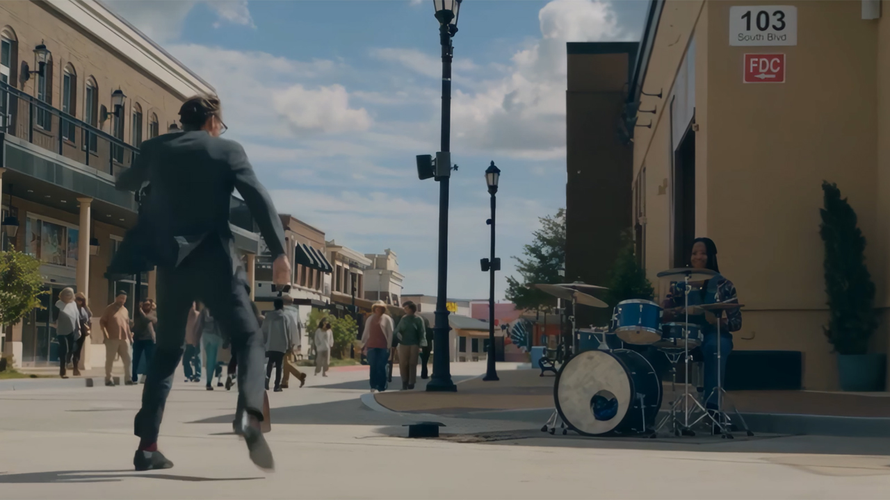 Tom Hiddleston dancing with a busker drummer in The Life Of Chuck