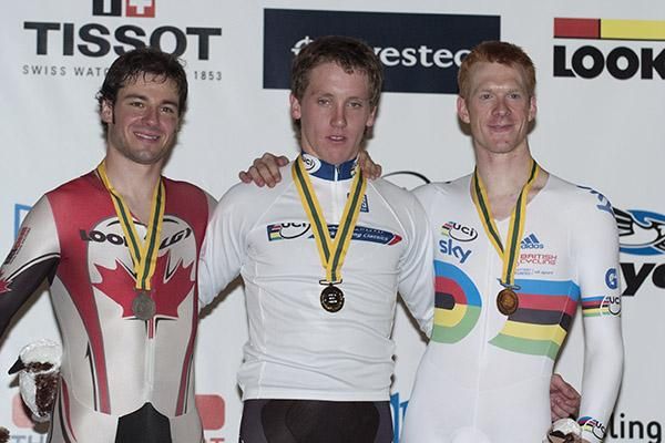 Men's Omnium podium (l-r): Zachary Bell (2nd,CAN), Shane Archbold (1st,NZ), and Edward Clancy (3rd,GBR).