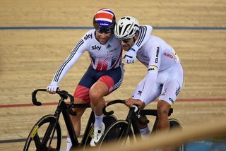 Mark Cavendish congratulates Fernando Gaviria on winning the omnium at the Track World Championships 2016