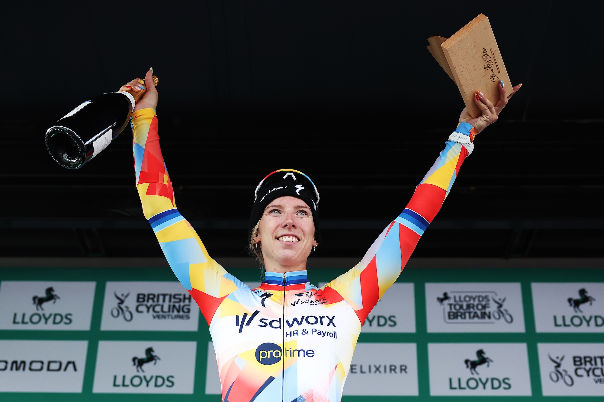 Lorena Wiebes of SD Worx - Protime celebrates at podium as stage 1 winner at 2026 Lloyds Tour of Britain Women