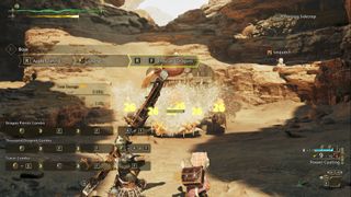 The player casting Thousand Dragons with the Bow on the practice dummy in Monster Hunter Wilds.