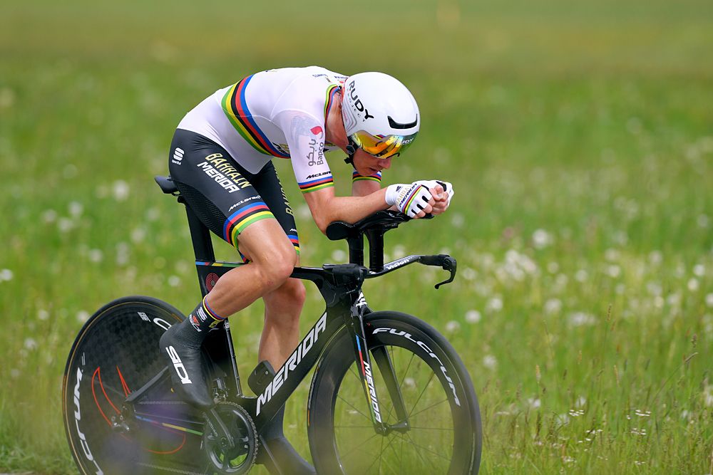 Rohan Dennis (Bahrain-Merida) racing the stage 8 time trial at Tour de Suisse
