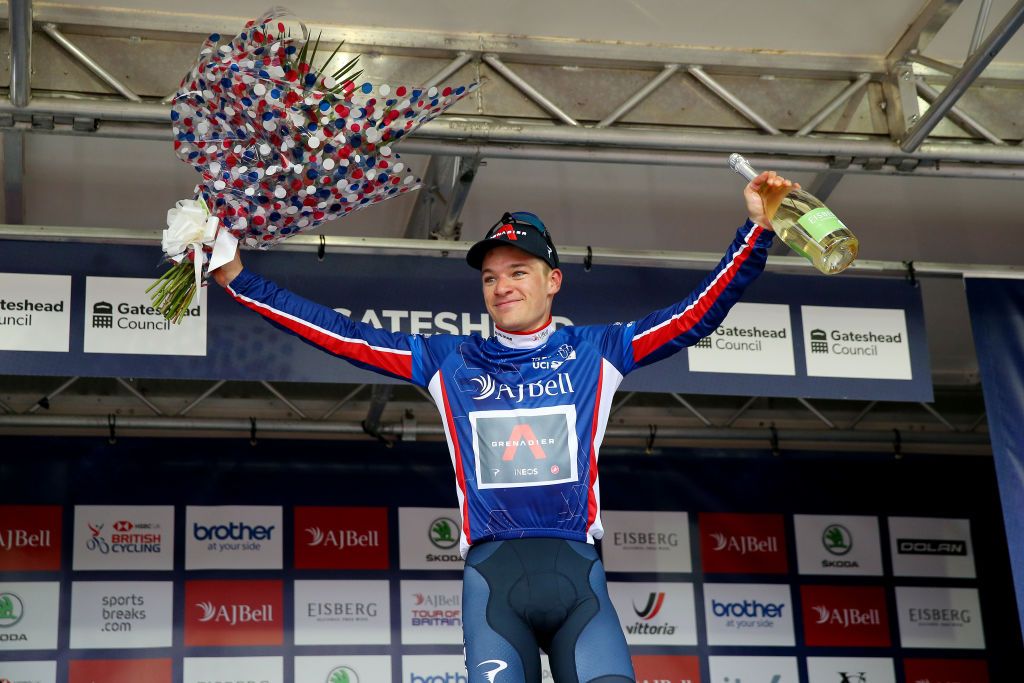 GATESHEAD ENGLAND SEPTEMBER 10 Ethan Hayter of United Kingdom and Team INEOS Grenadiers celebrates winning the blue leader jersey on the podium ceremony after the 17th Tour of Britain 2021 Stage 6 a 198km stage from Carlisle to Gateshead TourofBritain TourofBritain on September 10 2021 in Gateshead England Photo by Alex LiveseyGetty Images