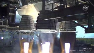 A close up view of the four RS-25 engines of NASA's first Space Launch System core booster firing during a hot-fire test on Jan. 16, 2020.