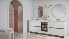 modern spa bathroom with an undercounter fridge