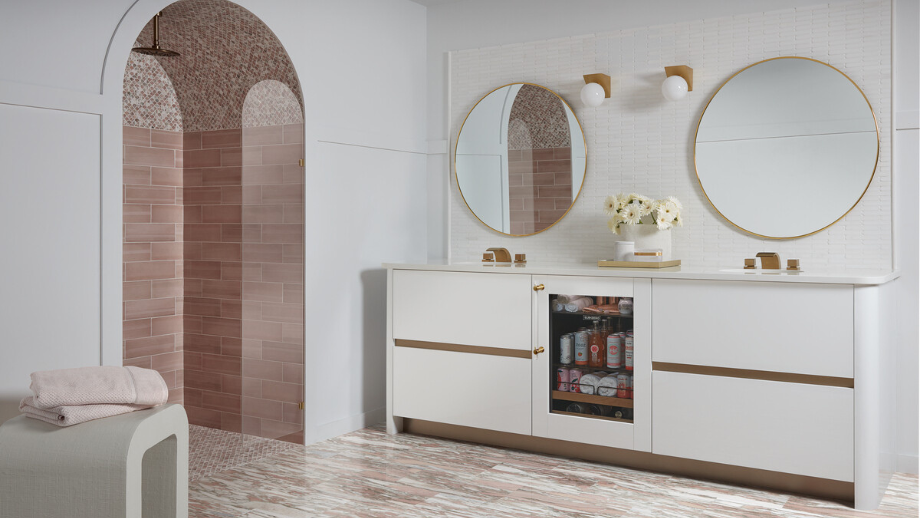 modern spa bathroom with an undercounter fridge and a walk-in shower