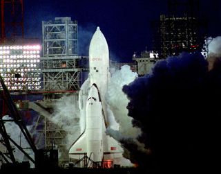 A view of the Soviet Union's Buran space shuttle on the launchpad.