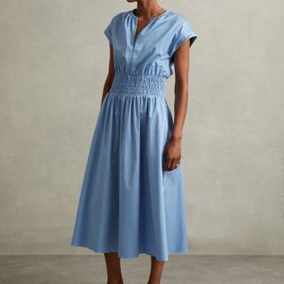 Cotton Ruched Waist Midi Dress in Blue