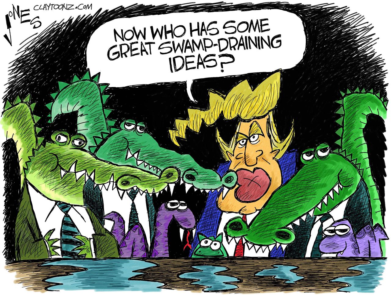 Political cartoon U.S. Donald Trump drain the swamp