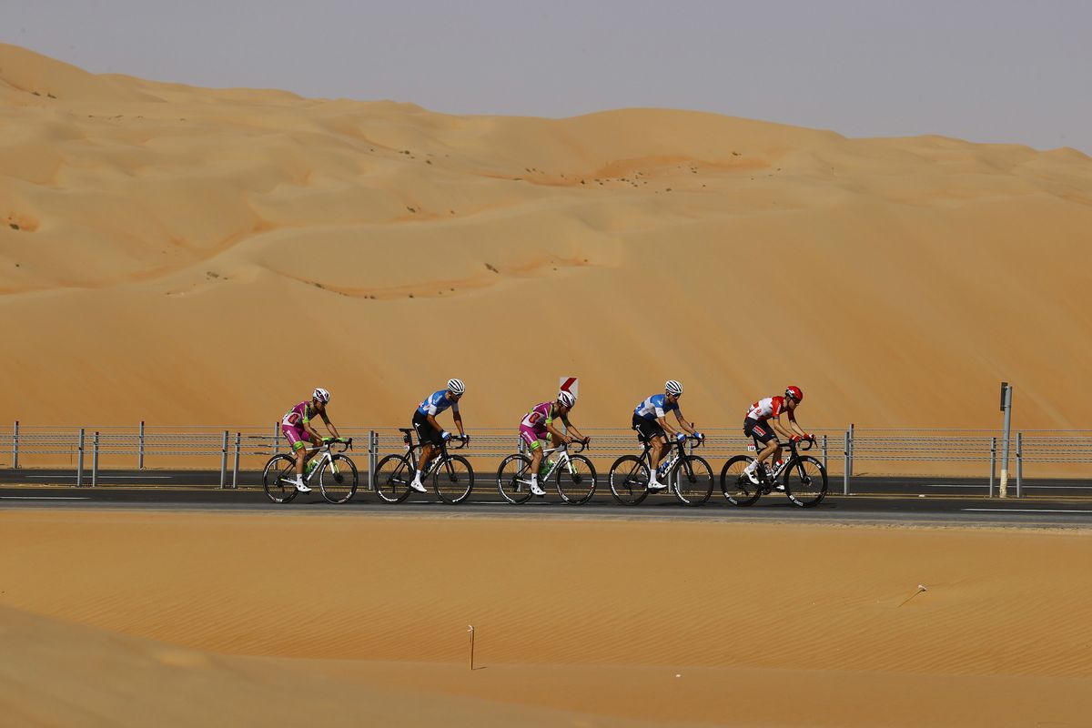 UAE Tour 2022 4th Edition 1st stage Madinat Zayed Madinat Zayed 185 km 20022022 Pavel Kochetkov RUS Gazprom RusVelo Dmitry Strakhov RUS Gazprom RusVelo Alessandro Tonelli ITA Bardiani CSF Faizan Luca Covili ITA Bardiani CSF Faizan Xandres Vervloesem BEL Lotto Soudal photo Luca BettiniSprintCyclingAgency2022