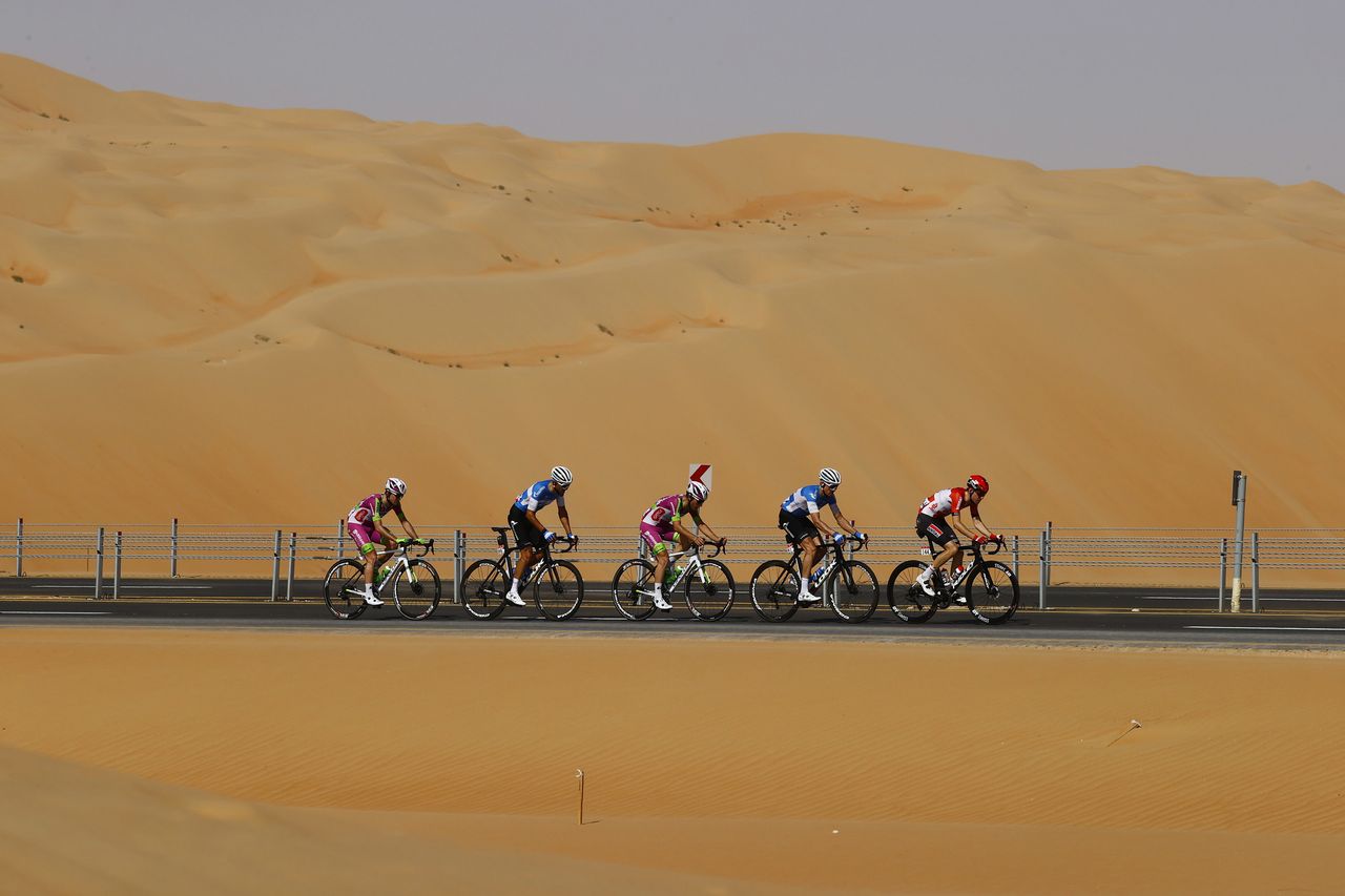 UAE Tour 2022 4th Edition 1st stage Madinat Zayed Madinat Zayed 185 km 20022022 Pavel Kochetkov RUS Gazprom RusVelo Dmitry Strakhov RUS Gazprom RusVelo Alessandro Tonelli ITA Bardiani CSF Faizan Luca Covili ITA Bardiani CSF Faizan Xandres Vervloesem BEL Lotto Soudal photo Luca BettiniSprintCyclingAgency2022