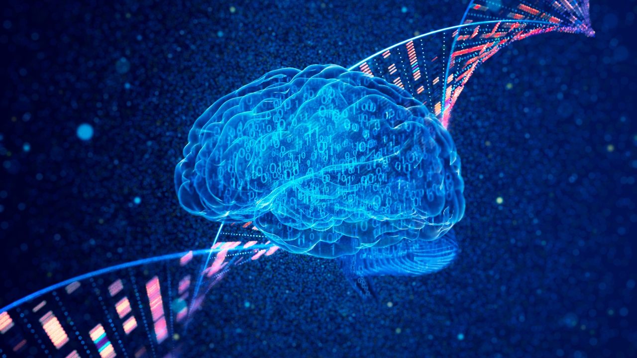 Binary brain and genomic DNA on a dark blue particle background