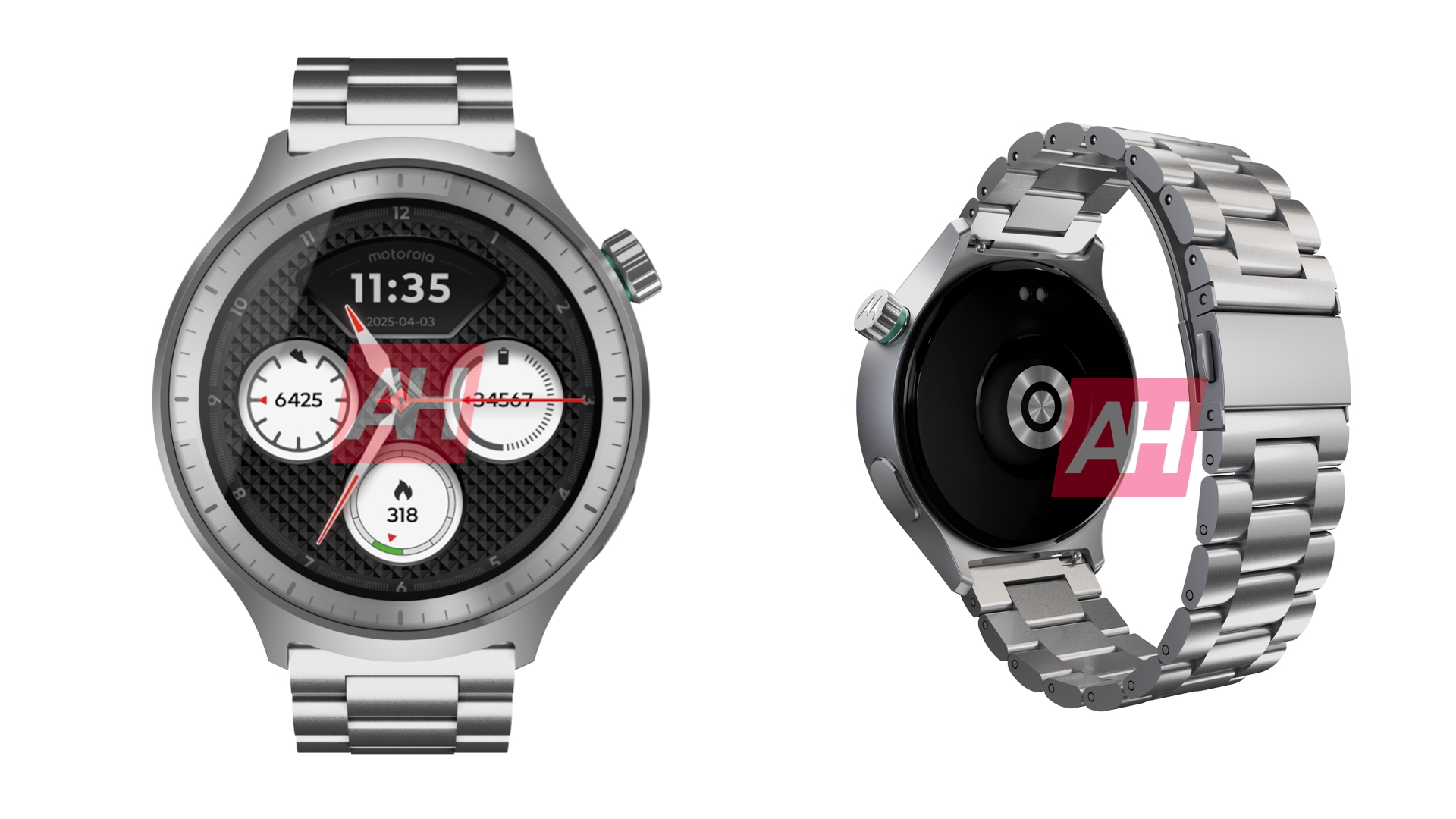 Renders of the Moto Watch (2025) from the front and back showing a steel design, rotating crown and second button, and metal case and band.