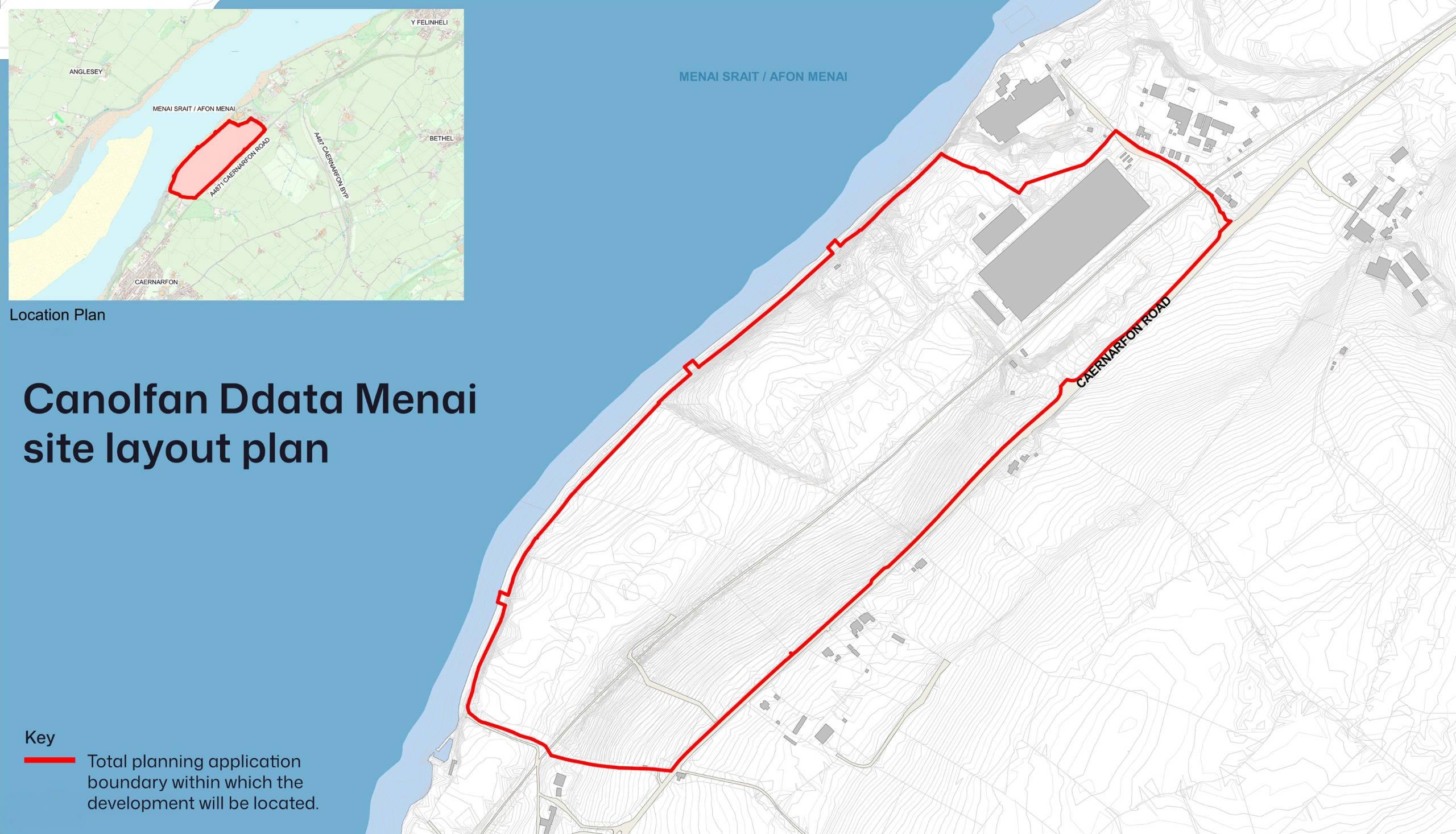 A layout plan by Canolfan Ddata Menai showing the planned site of a data center on the former Ferodo factory site in North Wales.