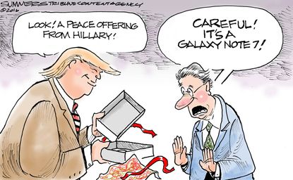 Political cartoon U.S. 2016 election Donald Trump Hillary Clinton Samsung