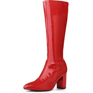 Perphy Women's Patent Leather Chunky Heels Knee High Boots Orange Red 8