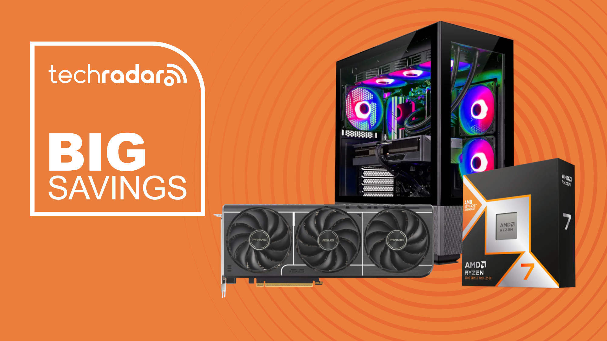 Skytech gaming PC, RTX 5060 ti graphics card, and Ryzen 7 processor on orange background with big savings text overlay