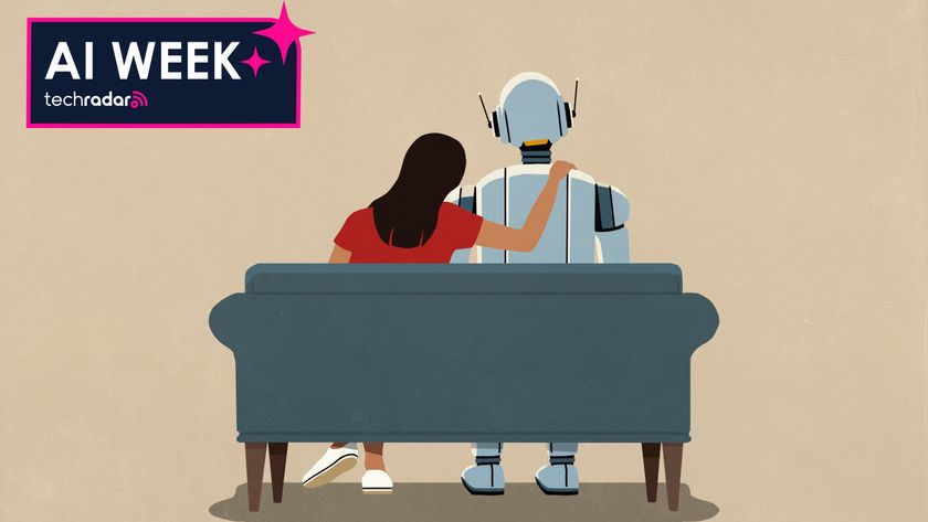 Affectionate woman with arm around AI robot on sofa - stock illustration