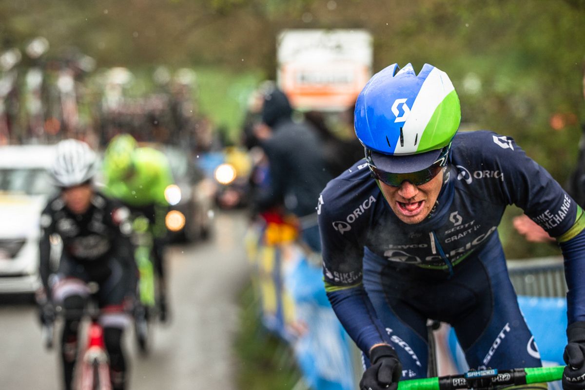 An Orica-GreenEdge rider digs deep
