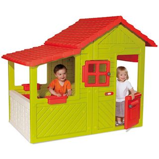 Smoby Floralie Playhouse green plastic with red roof, door and window, with two children playing inside