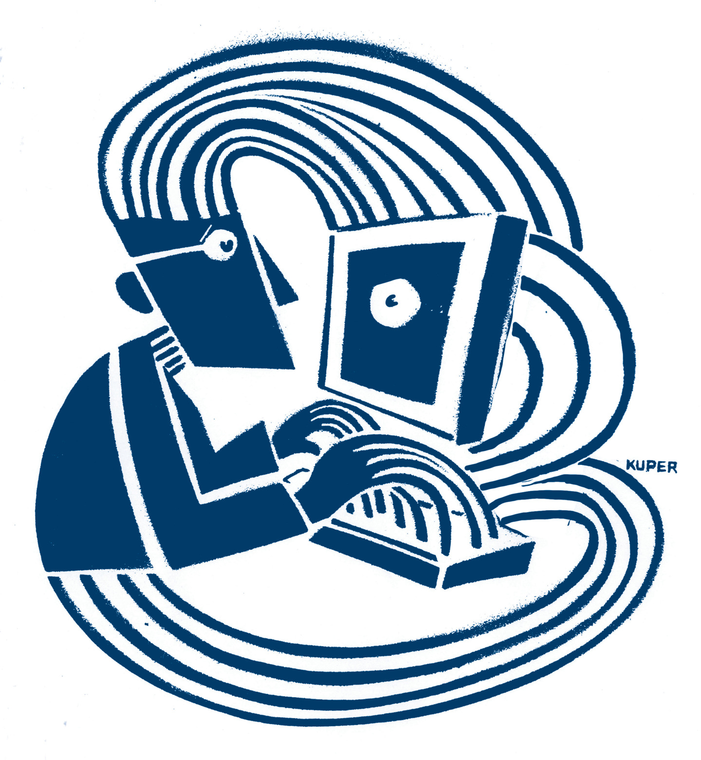 This cartoon is drawn in a wildly artistic, yet simple way. With swirls and swoops, it depicts a man working on a computer and they two have been fused together, so both look at each other, somewhat warily.