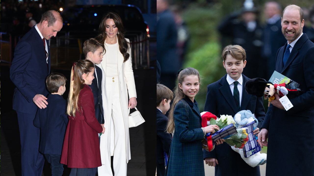 Prince William and Kate Middleton with their three children at the Together at Christmas 2023 concert next to a photo of William and his kids wearing blue coats at Christmas 2024.