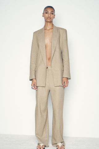 Linen Blend Roll-Up Sleeve Open Blazer